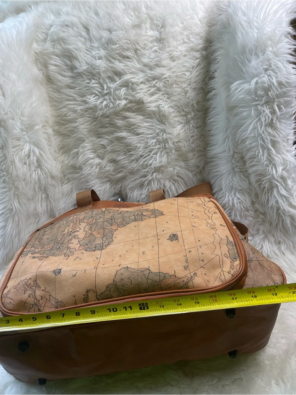 Vintage Europac world Map Travel Duffel Bag synthetic leather tan , brown trim.